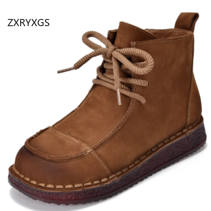 

ZXRYXGS Классические модные ботинки из воловьей кожи с верхним слоем в стиле ретро, новинка 2025, женские осенне-зимние ботинки на шнуровке, ботинки из натуральной кожи на плоской мягкой подошве