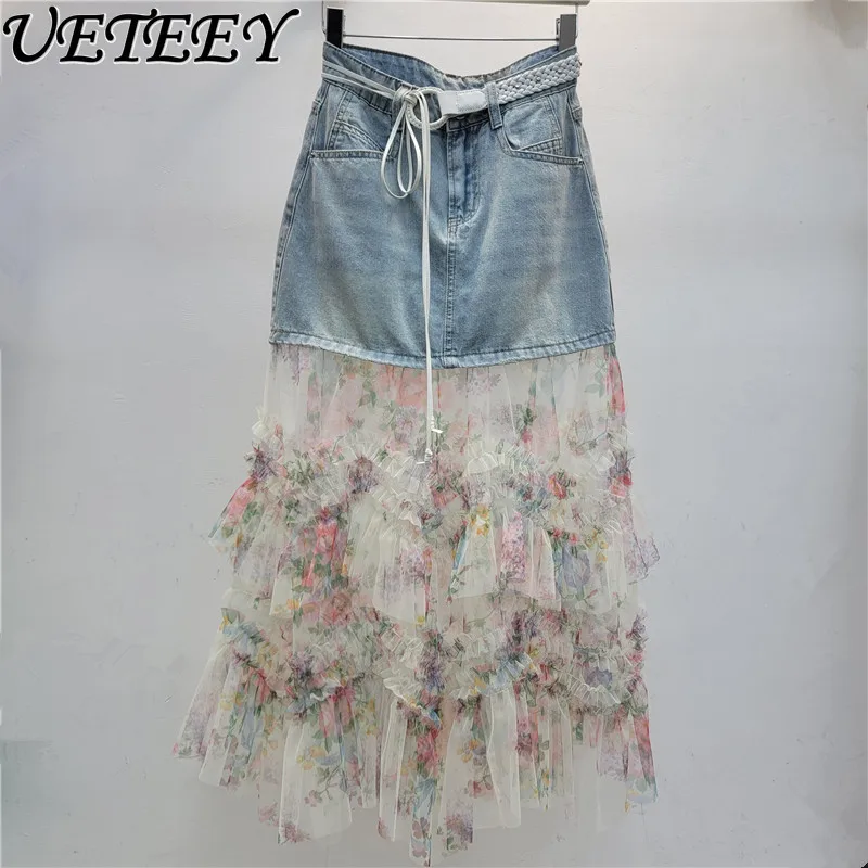 

Summer New Versatile Splicing Mesh Floral Denim Skirt Women's High Waist Casual Versatile Drape A-line Pendulum Long Skirts
