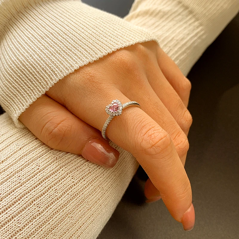 Luxury Fashion Authentic S925 Silver Love Pink Diamond Proposal Engagement Geometric Jewelry Ring for Women