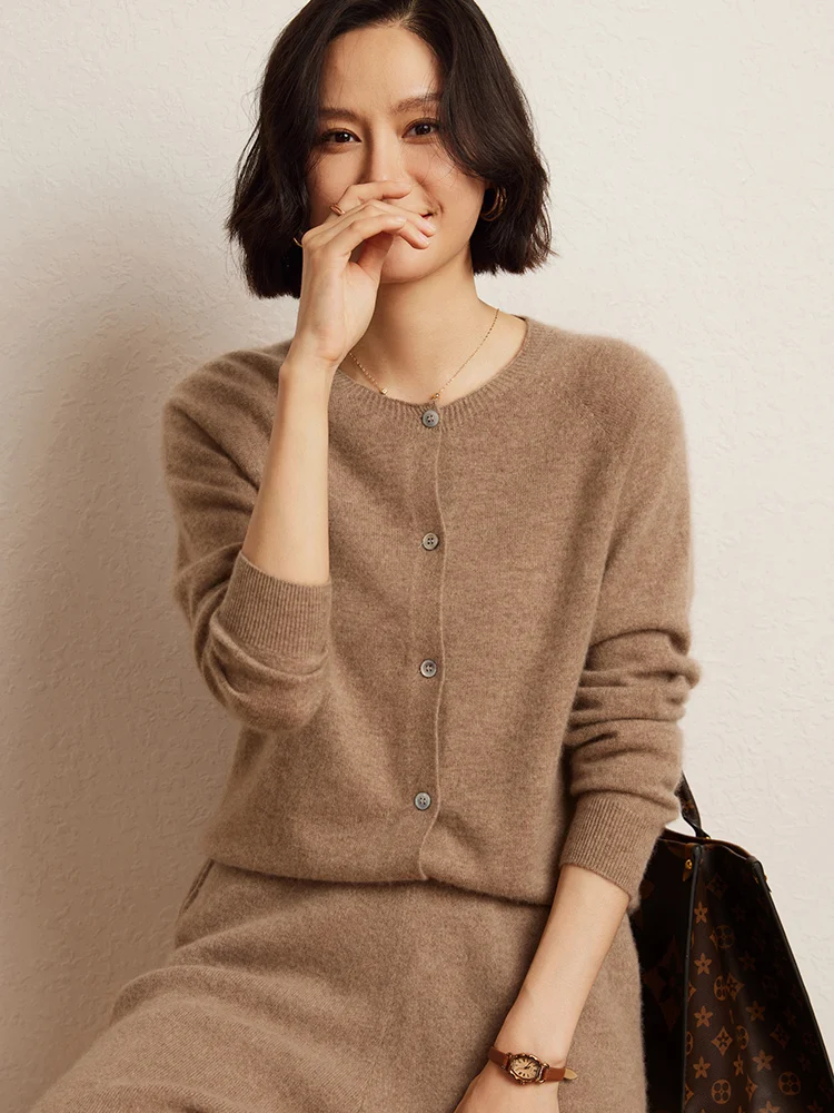 2024 New Women's Cardigan 100% Cashmere Sweater O-neck Solid Grace Basic Cashmere Knitwear Spring Autumn Winter Korean Fashion