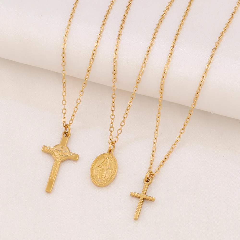 Collar con colgante de cruz pequeña de acero inoxidable 316L, collares de cadena con dijes de la Virgen María de Color dorado Simple a la moda para joyería de mujer