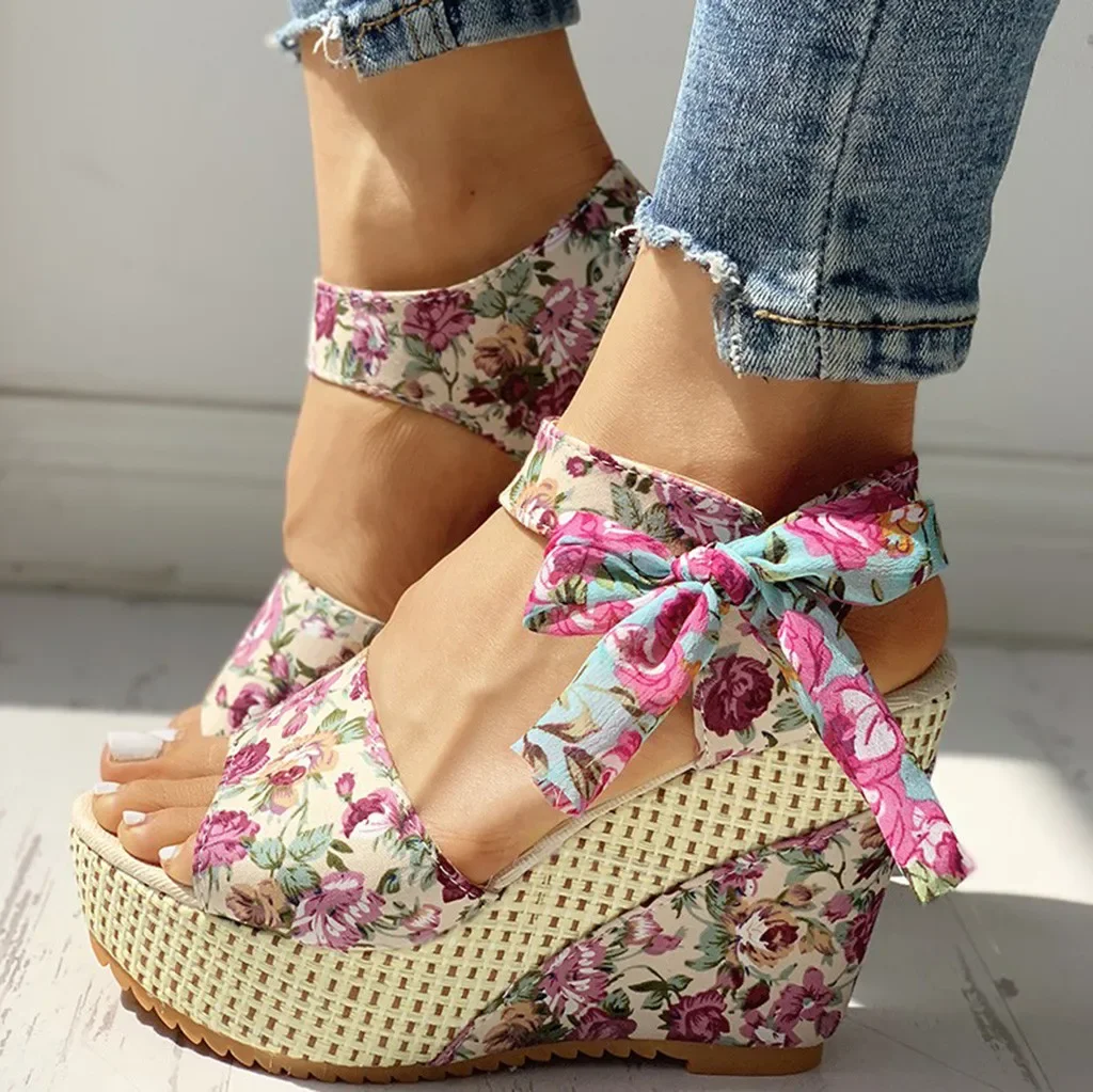 Heel Footwear Ladies Shoes Platform Floral Women\'s Lace-up Wedges Comfy Wedge Sandals For Women Dressy Sandals For Women