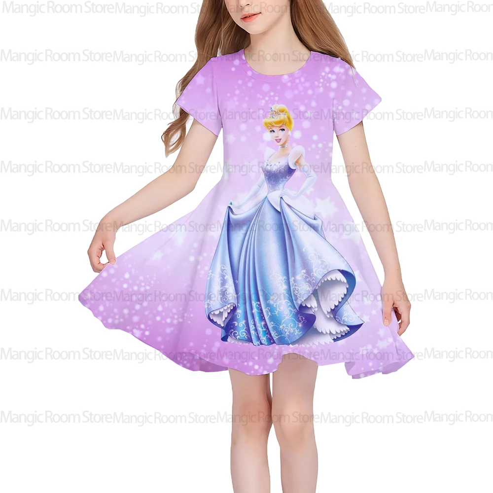 

Платье принцессы с узором принцессы Диснея на день рождения и 3D-принтом, летнее платье с короткими рукавами и круглым вырезом, милое повседневное платье.