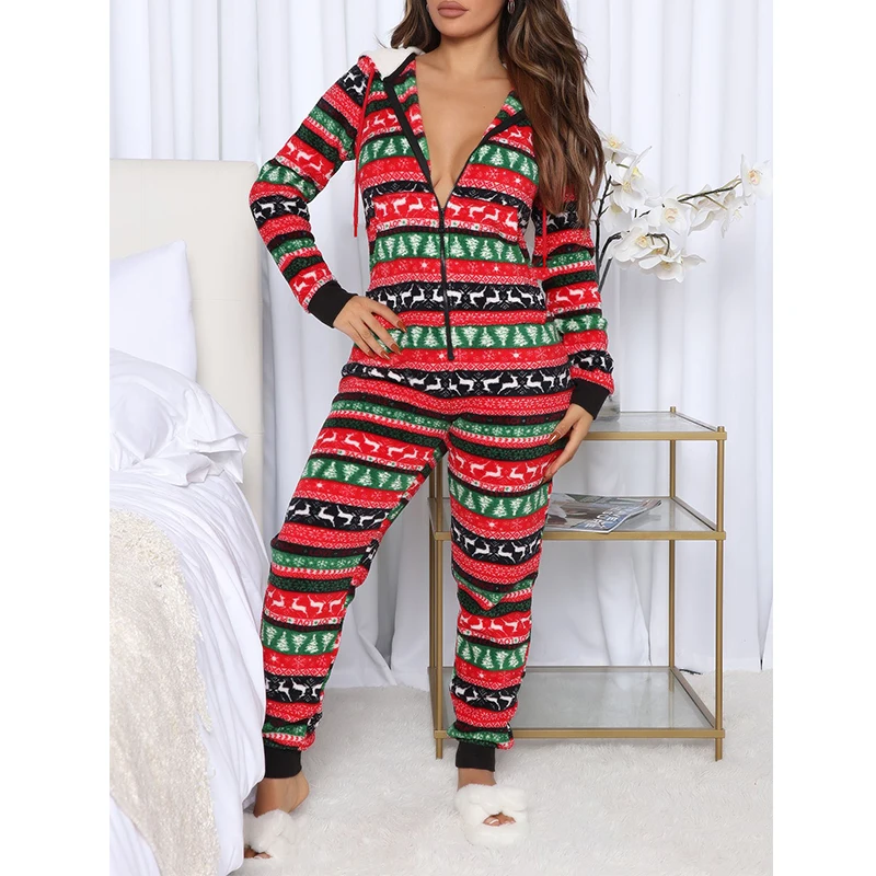 Women Christmas Home Jumpsuit Star Stripe Hooded Long Sleeves Zip-Up Fleece Pajamas for Night Sleep S M L XL