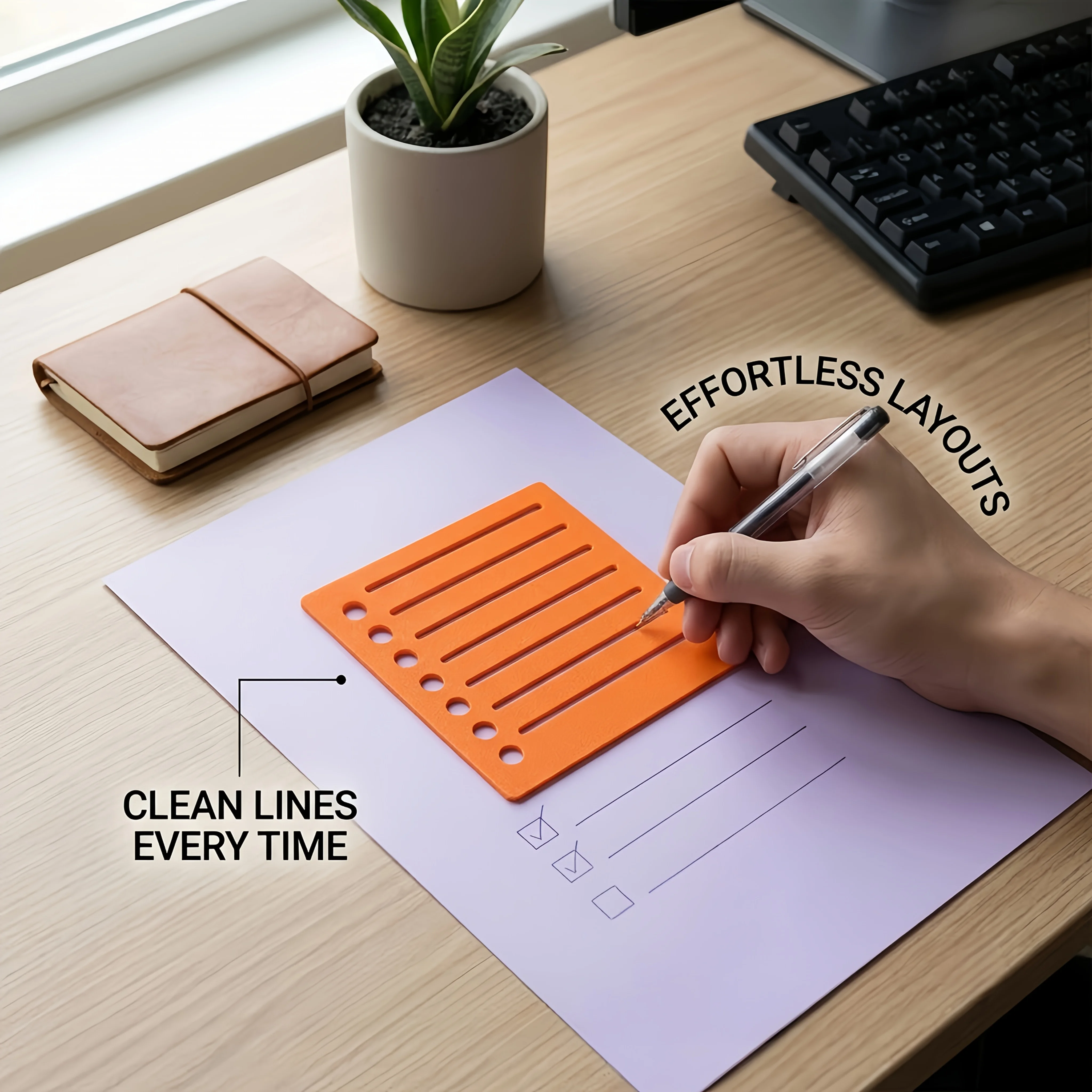 Orange Square To‑Do List Template Ruler, Pre‑Made Scale Lines & Dot Checkboxes; Reusable Journal Drawing Stencil