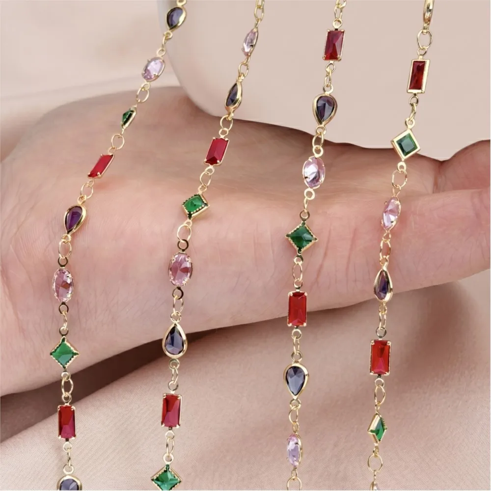 1meter Colorful Crystal Chain for Jewelry Making 18K Gold Plated Brass Jewelry Chains Bulk Geometry Chain Link Necklace Bracelet