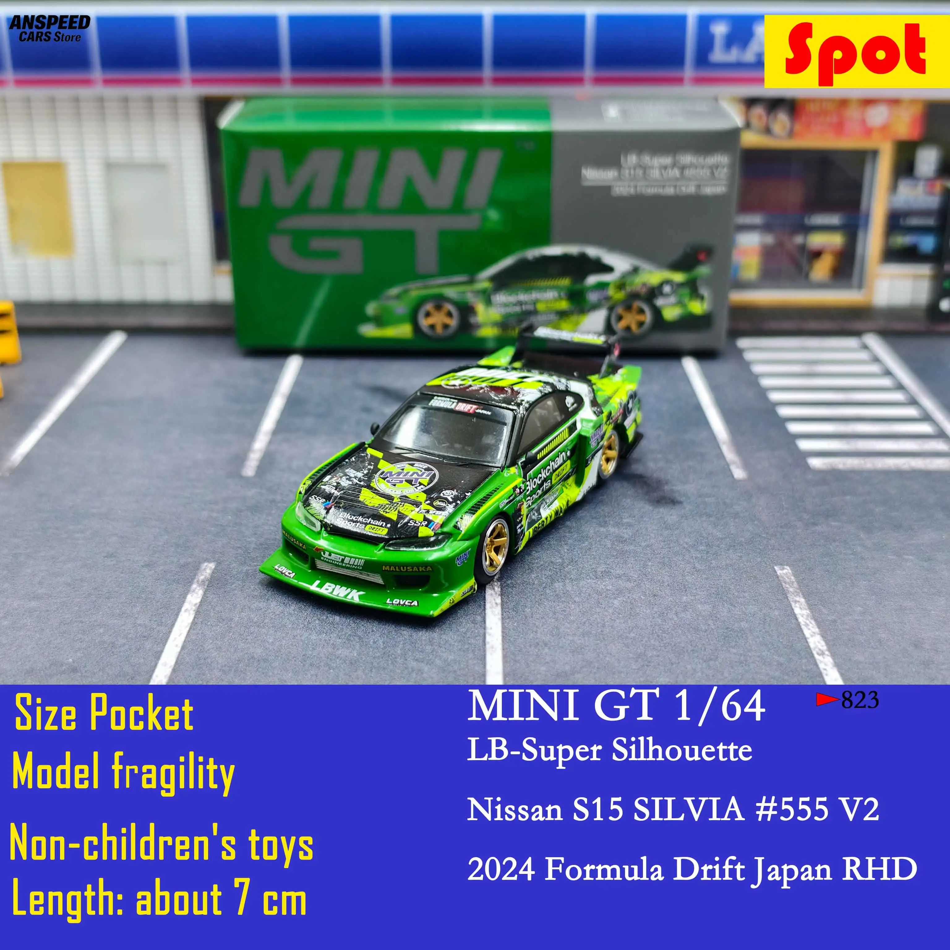 Modelo de Carro em Metal 1:64 MINIGT Nissan S15 Silvia LB Walk 555 - Brinquedo Colecionável com Pneus de Borracha para Adultos e Crianças # 82