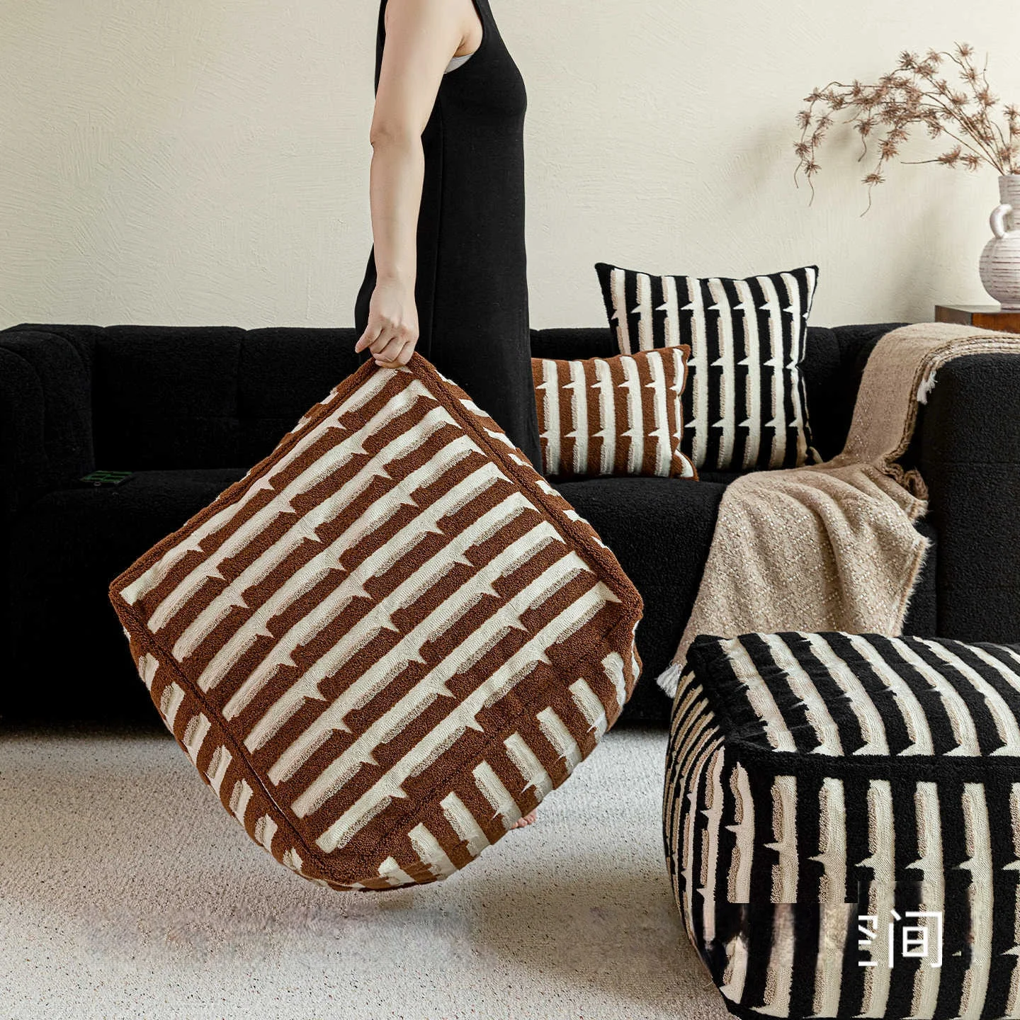 Medieval Black Coffee Stripe Three-dimensional Relief Embroidery Living Room Seat Pier Foot Stool Lazy Sofa Futon Cushion Pier