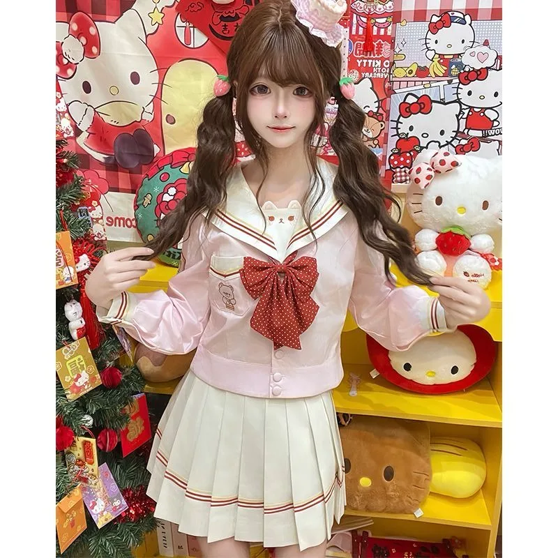 Japanisches Süßes Kawaii Polka Dot Damen 3-Teiliges Set mit Stickerei, Plissee, Niedlichem Lolita Y2k Campus-Look, Matrosenkragen und Ärmeln, Kollektion 2026