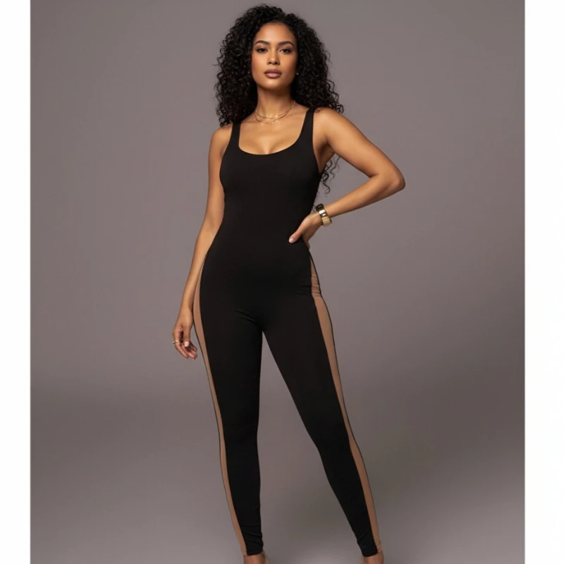 

New Sexy Slim Fit Casual Women's Balck Tank Top Pants Jumpsuit Spring and Summer U-neck Mesh Splicing Sleeveless Women Clothing
