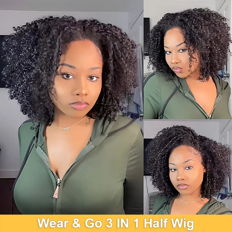

16Inch short human hair wigs No glue wear and go half wig kinky curly wigs Human Hair Short Wig for Black Woman Natural Color
