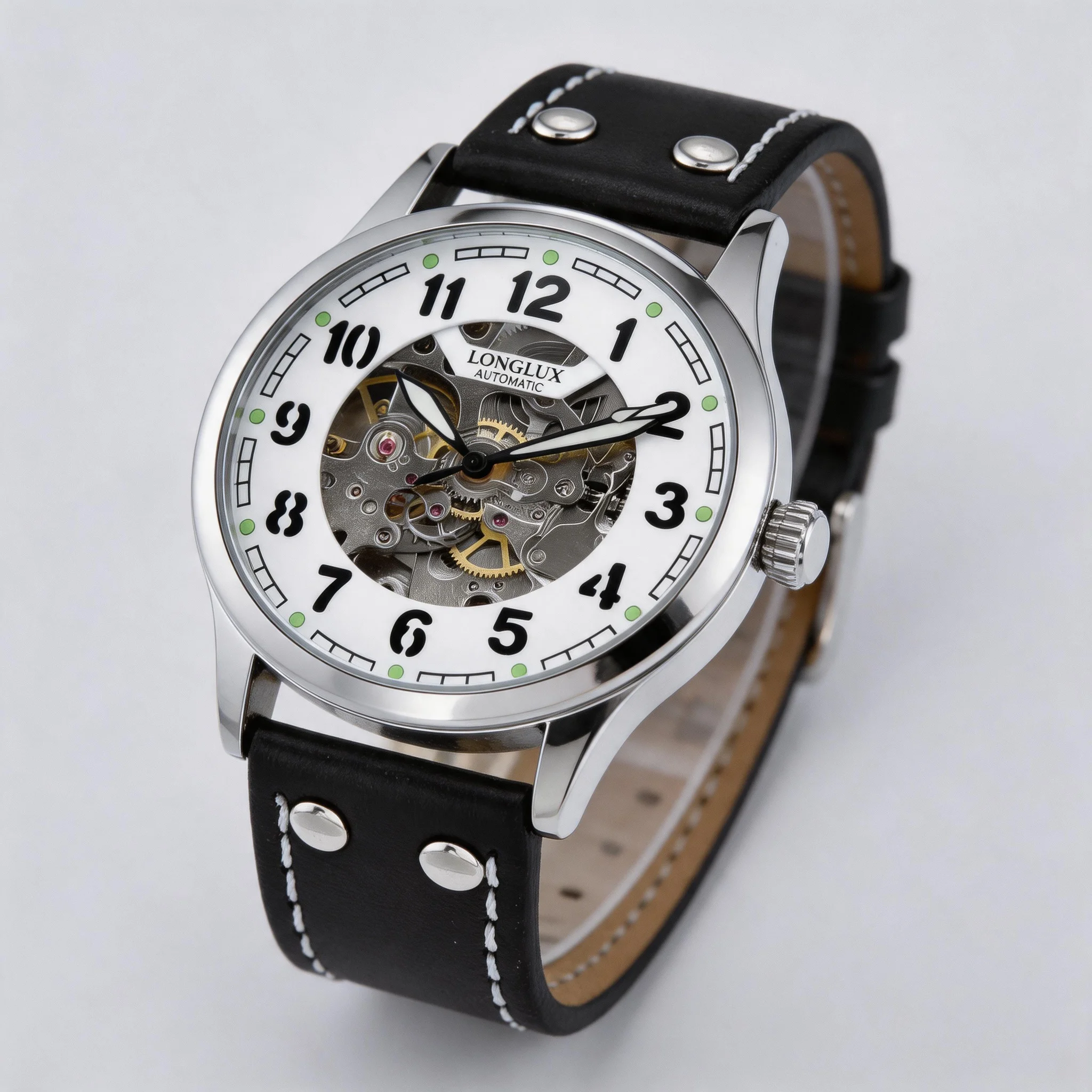 LONGLUX Herren Piloten-Skelett-Automatikuhr Wasserdicht Leuchtende Mechanische Armbanduhren Luxuriöses Schwarzes Nietenleder-Armband Sport