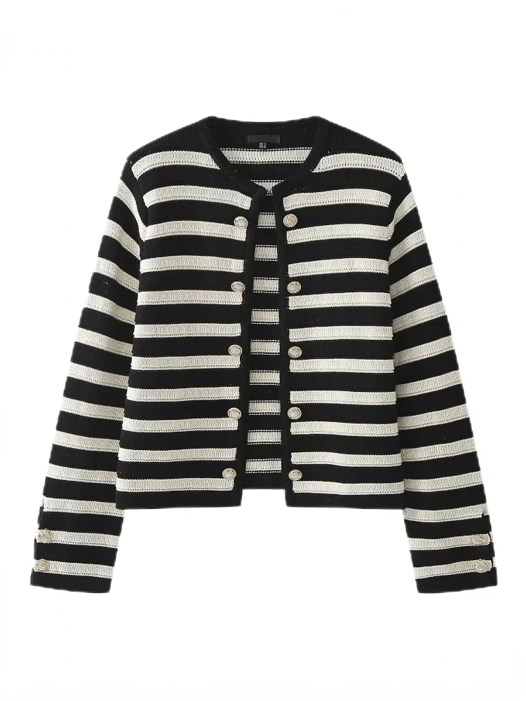 Women\'s Fashion Striped Knitted Sweater Jacket Coat Slim Simple Casual Versatile Cardigans Coat Autumn New Female Chic Outerwear