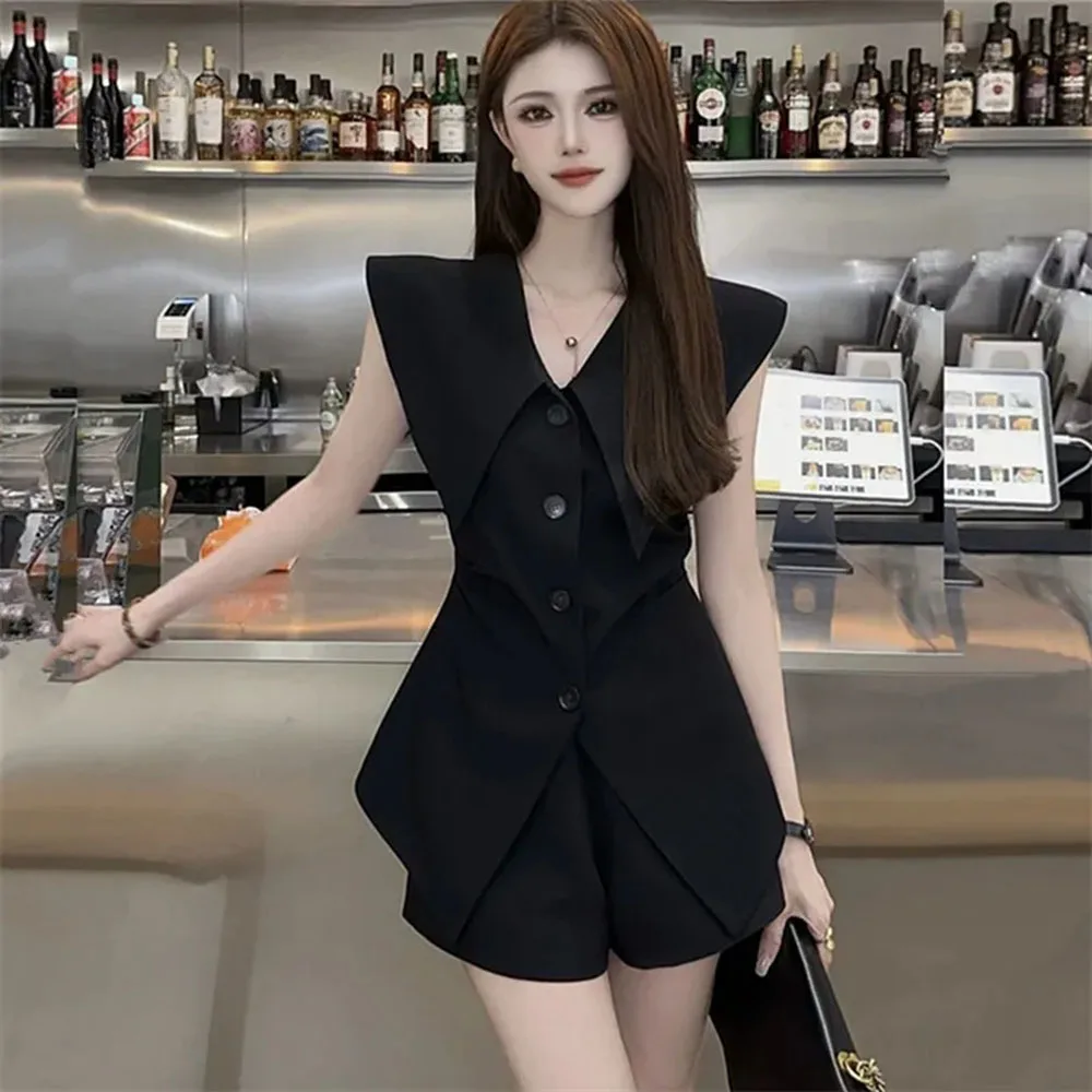 Elegant Tanks Shorts Set Women Summer Sexy Sleeveless Slim Vest Tops Office Lady + Korean High Waist Short Pants Simple 2 Pieces