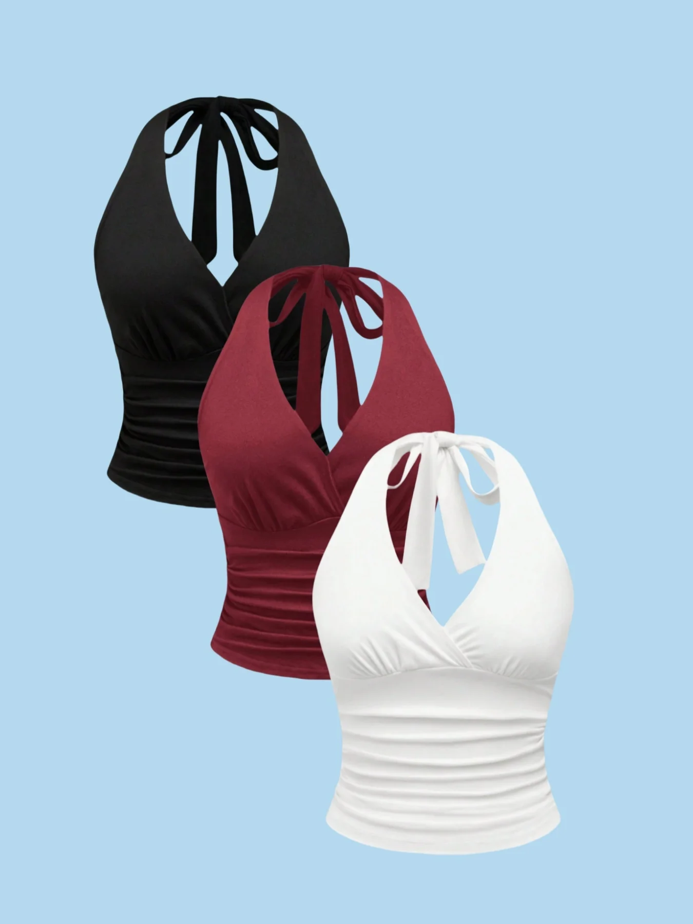 

3-Piece Women's Pleated Waist Halterneck Niche Design Vest Top