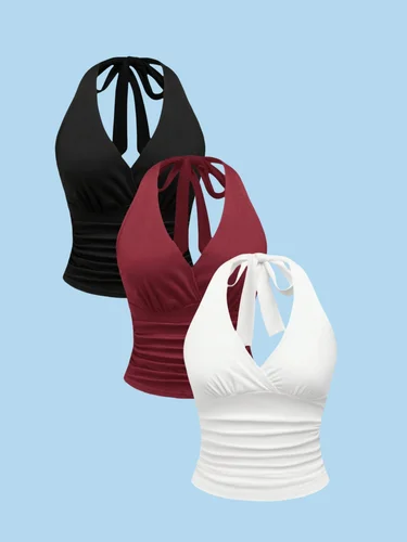 Top de chaleco con diseño de nicho y cuello halter con cintura plisada de 3 piezas para mujer