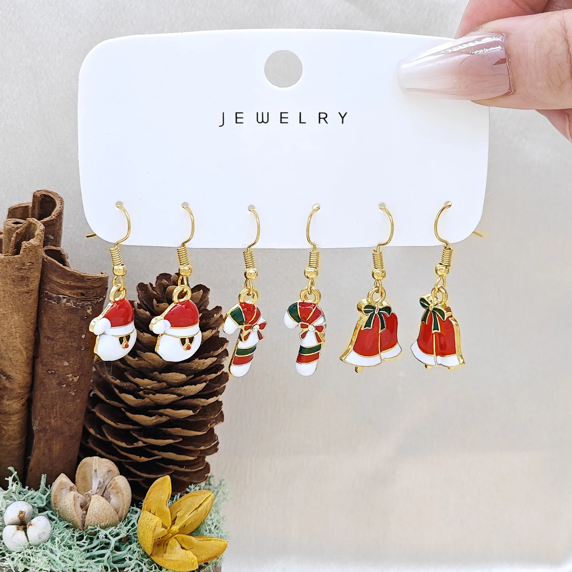 6pcs New Christmas Set Cross border Hot Selling Cartoon Dripping Oil Elk Santa Claus Christmas Tree Earrings for Women