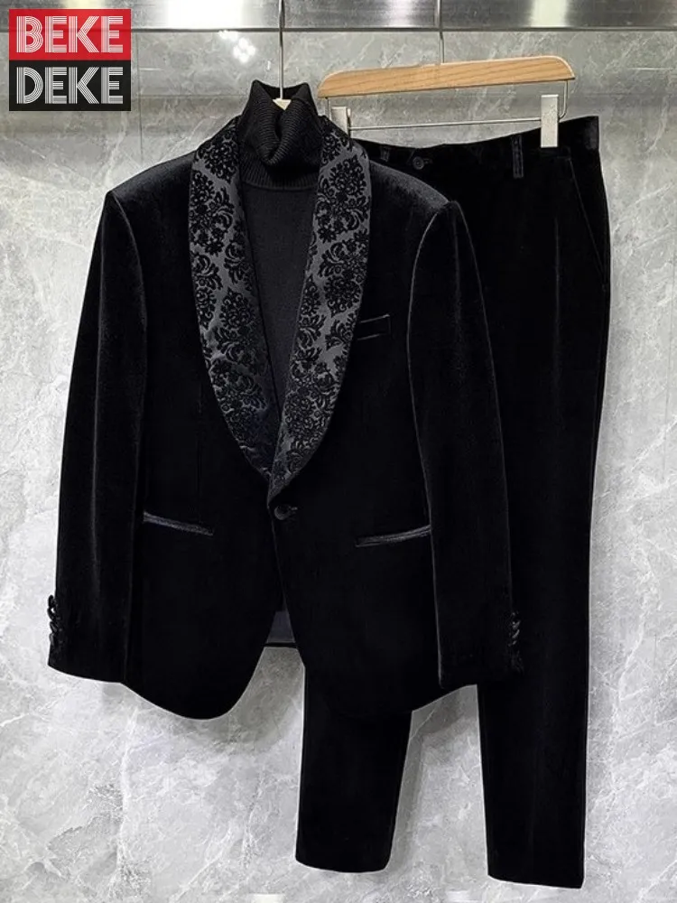 

Banquet Elegant Gentlemen Business Fashion Slim Fit New Design Velvet Blazers Pants Mens Two Piece Set Groom Formal Suits Sets