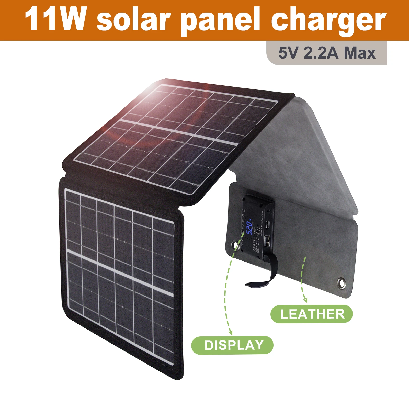 Leaorld 11W Foldable Solar Panel Portable Lightweight Leather USB-A & Type-C Charger for Power Bank Phone Hiking
