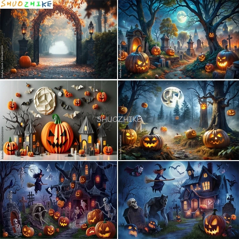 

Ghosts Jack-o'-Lantern Halloween Day Photography Backdrops Castle Graveyard Horror Pumpkins Moon Photo Studio Background KB-09