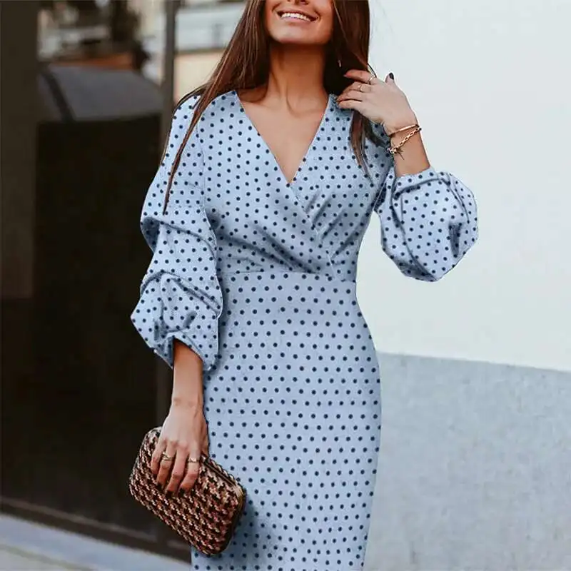 

2019 new spring/summer V-neck polka dot lantern seven quarter sleeve mid length dress