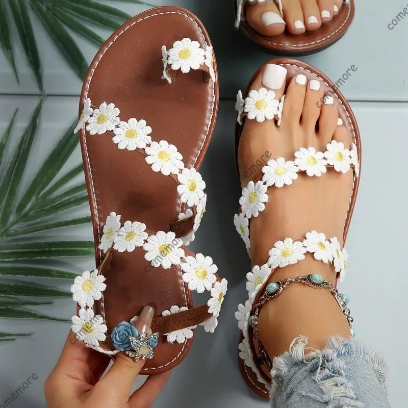 Sandalias Planas Boho con Estampado Floral para Mujer, Chanclas con Punta Abierta, Suela Suave, para Viajes de Verano, Playa, Casual, Moda, Talla 43