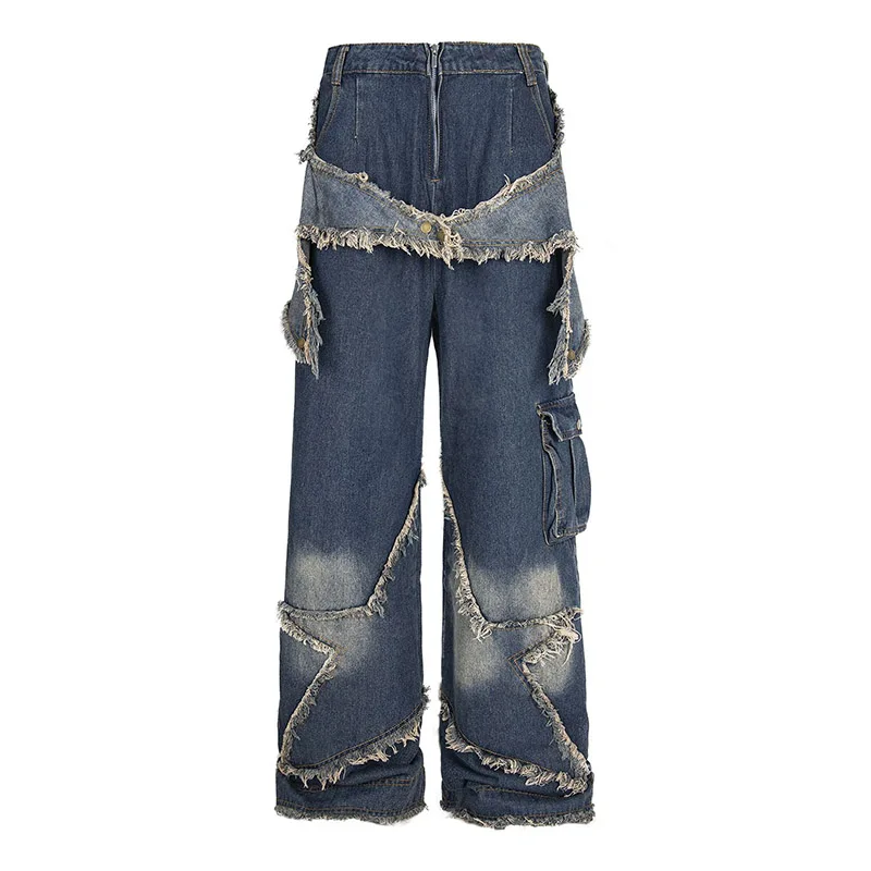 

Hip Hop Vintage Casual Jeans Pants Star Patchwork Streetwear Denim Trousers For Male Hi Street