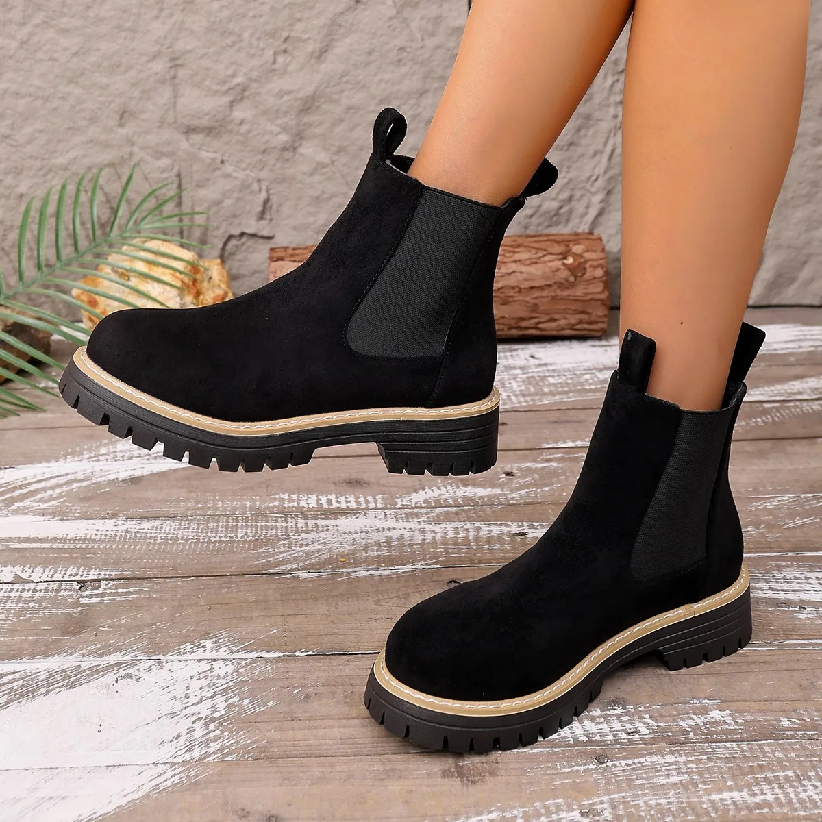 Women's Boots Autumn Fashion Casual Round Toe Thick Heel Short Boots Waterproof Solid Slip-on Boots Plus Size Women's Shoes