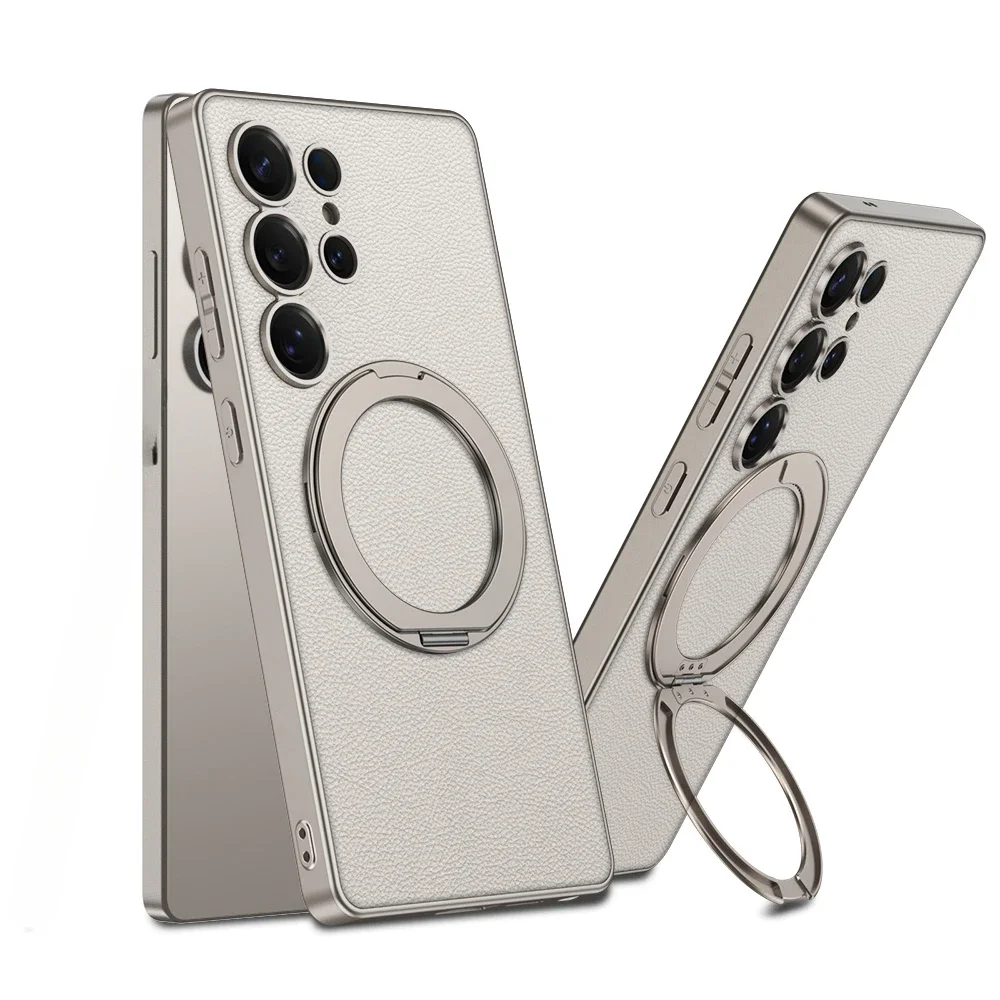 

Чехол для телефона с магнитным вращающимся кронштейном для Samsung Galaxy S25, ультра гальванический кожаный держатель, противоударный защитный чехол