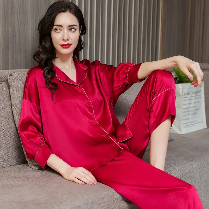 100% Pure Silk Silk Pajamas Women's Summer Solid Color Long Sleeved Trousers Mulberry Silk Loose Fitting Household Clothes Set