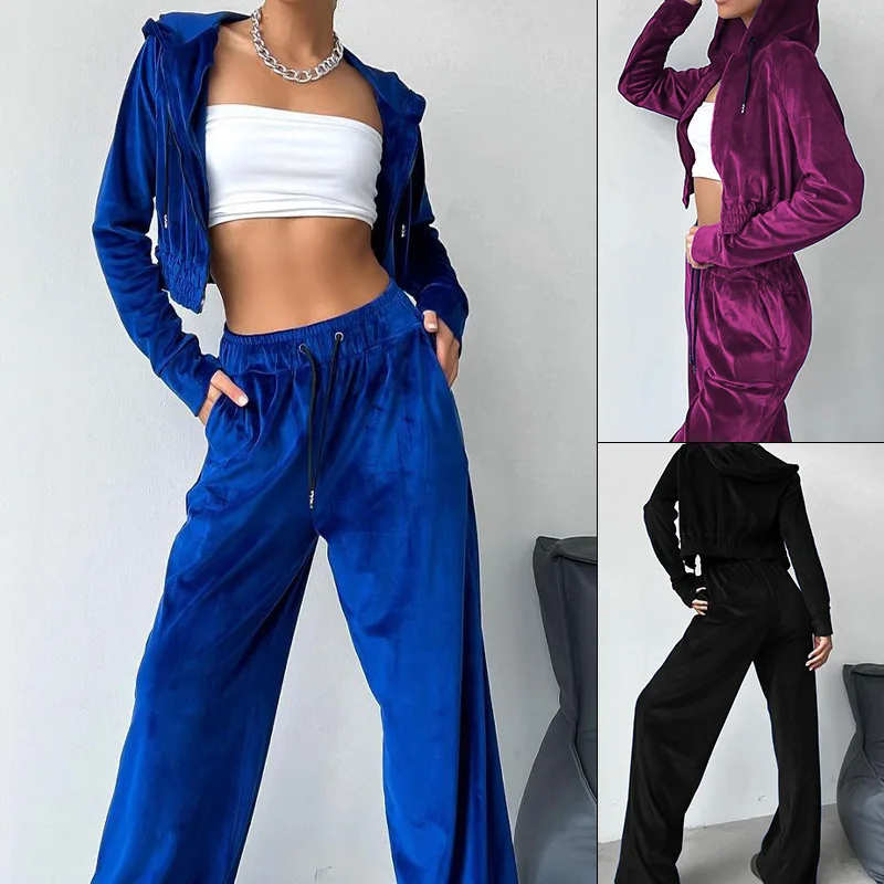 2024 Spring and Autumn juicy cropped hoodie and wide leg pants two-piece velour tracksuit