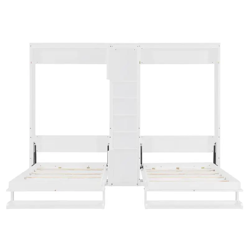 سرير ميرفي أبيض مزدوج الحجم مع خزائن ورفوف لتوفير المساحة