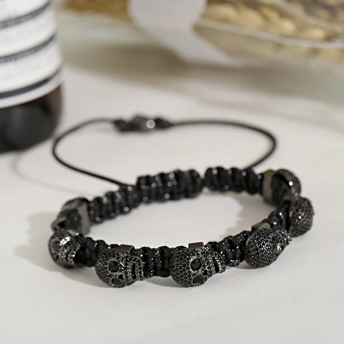 Fashion Zircon Skull Handmade Woven Bracelets Luxury CZ Beads Adjustable Bracelet Punk Wrist Jewelry for Women Men