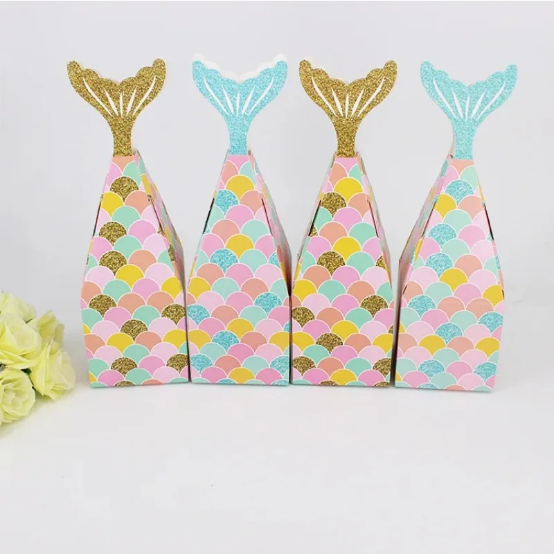 10Pcs Mermaid Tail Paper Chocolate Candy Box Gift Packing Bags for Kids Mermaid Theme Birthday Baby Shower Wedding Party Decor