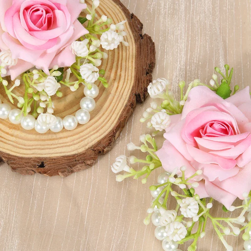 Ramilletes de muñeca rosas para boda, ramilletes para graduación, Babysbreath, pulsera de perlas de flores para fiesta de bienvenida, 1 ud.