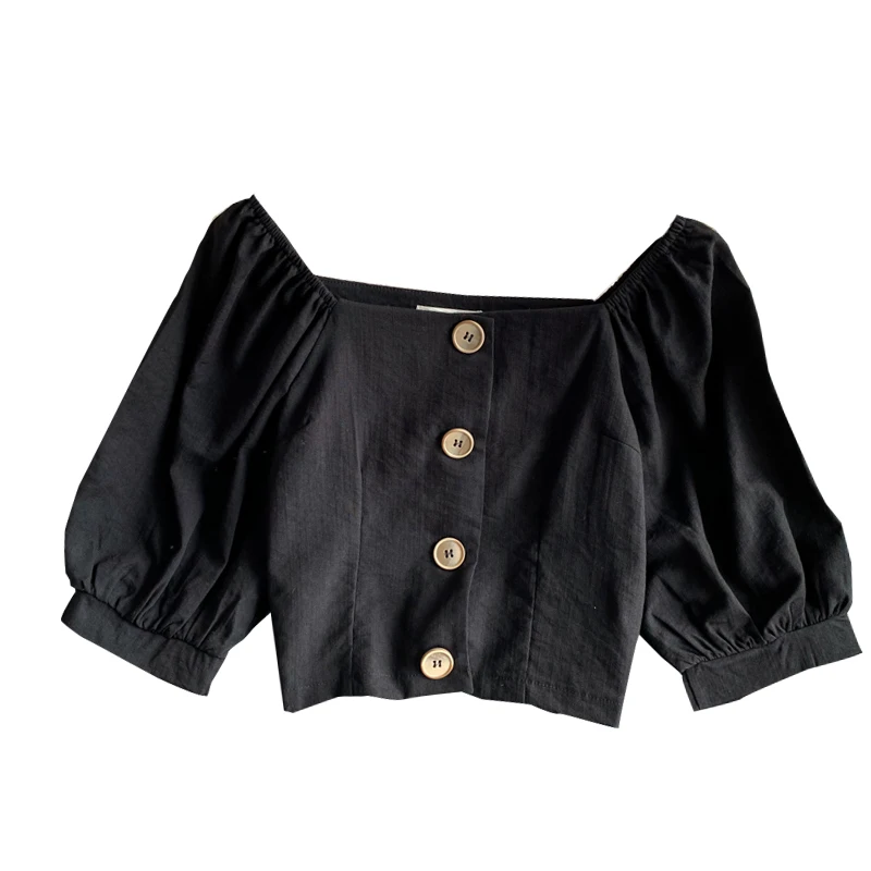 قميص أبيض بياقة مربعة وأكمام قصيرة مكشوفة الكتفين بتصميم فضفاض للنساء على الطراز الكوري بلون واحد وأكمام منتفخة