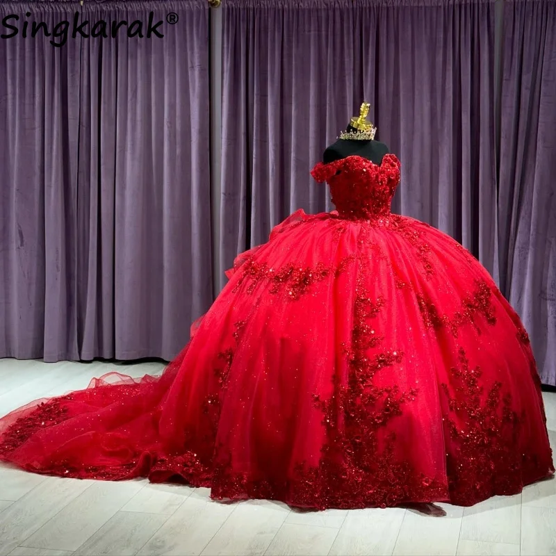 Luxury Red Quinceanera Dresses 2024 Ball Gown Floral Applique Crystal Sweet 16 Dresses Birthday Party  dress Customized