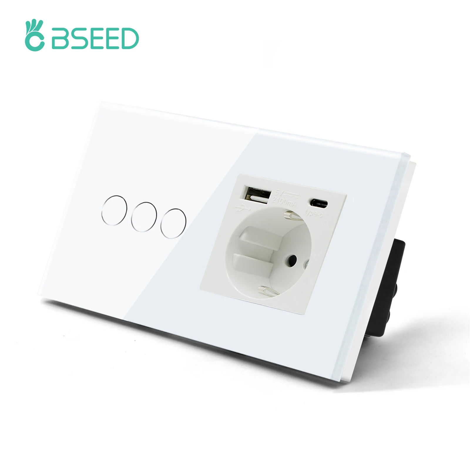 BSEED Einzelsteckdose EU-Wandsteckdosen Doppelsteckdosen USB Typ-C Telefonladegerät Glaspanel 1-Wege-Wandtastschalter Kinderschutz