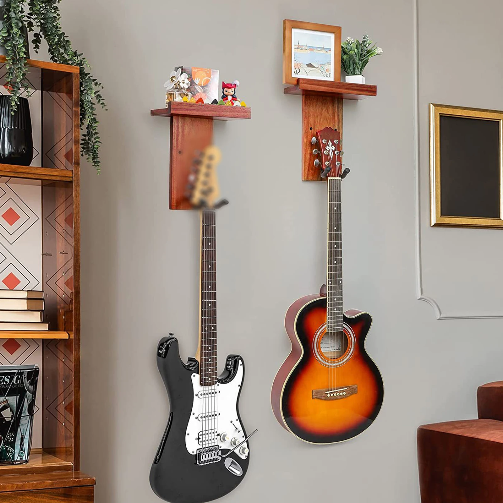 

Комплект из 2 многофункциональных настенных держателей для гитары, DIY-набор, из красного дерева, настенная полка-держатель для гитарных струн, с креплением на винтах