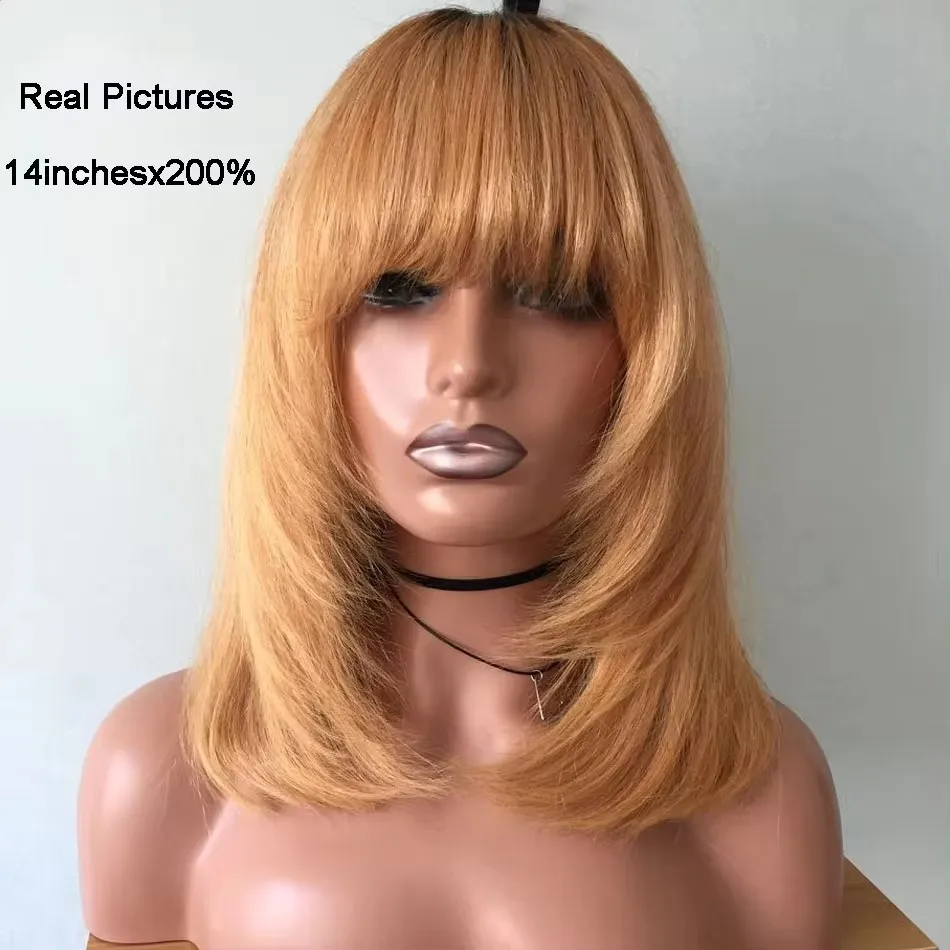 Amethyst 3/27 Blonde Straight Bob Wig with Bangs Human Hair for Women Full Machine Made Scalp Top Wig Brazilian Ombre Layer Cut
