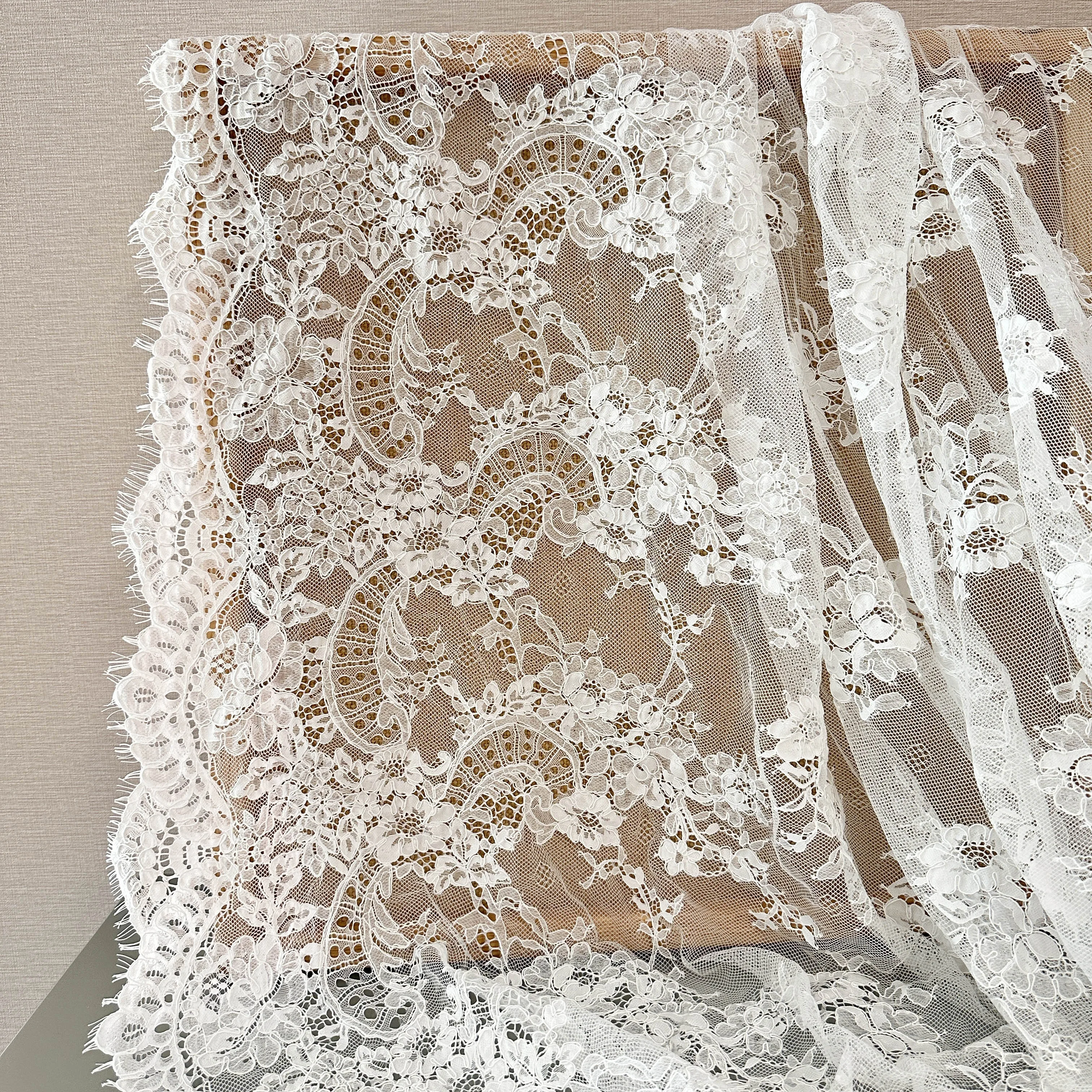 3 Yards French Made Fine Geometric Couture Alencon Embroidery Lace Fabric at 150cm wide, Couture Wedding Gown Fabric