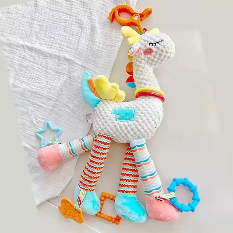 Sonajero de campana de Animal de unicornio suave, juguetes colgantes para asiento de coche de desarrollo infantil de felpa con mordedor, juguete para bebé recién nacido