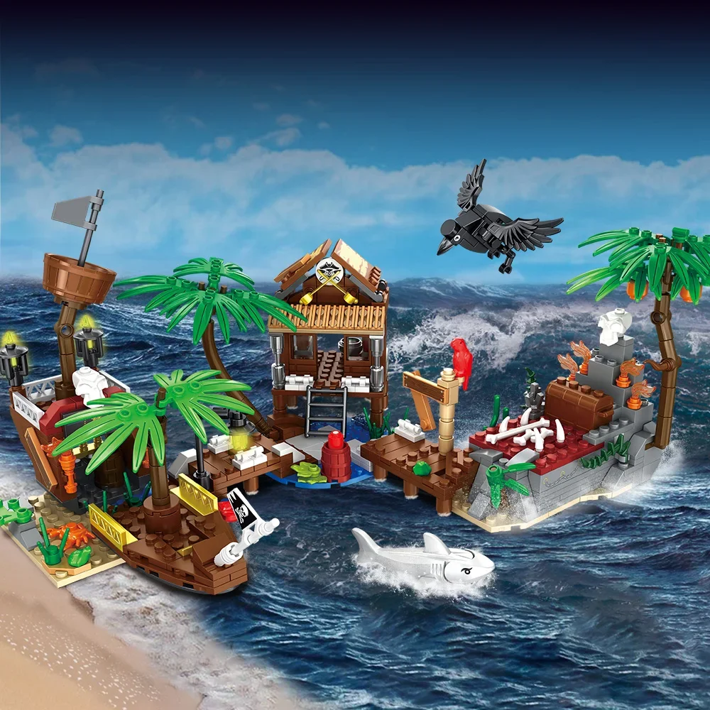 Pirate Ship Building Brick Toy Set,Pirate Repair Port, Shoal Island,with Sharks, Crow, Sunken Treasure for 7-9year,497 Pieces