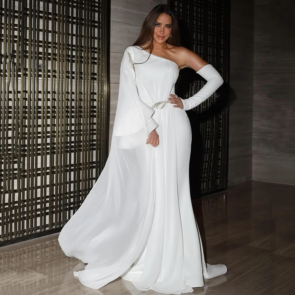 Customized Simple White One-Shoulder Jersey Evening Dress Sparkly Sequined Mermaid Floor Length Party Prom Gown For Women