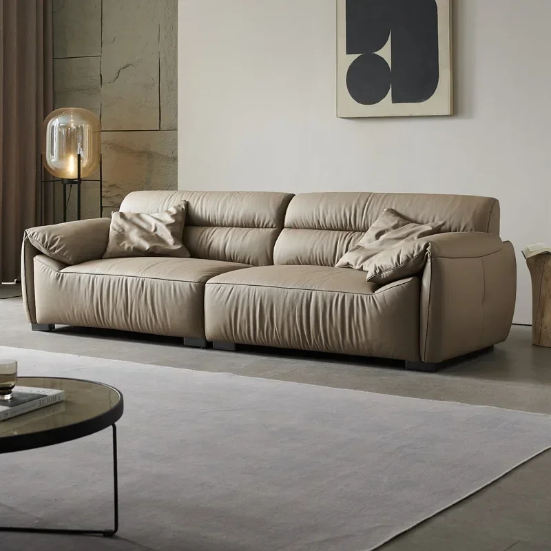 Leather sofa Italian minimalist layer cowhide leather sofa high back straight row three-seat sofa