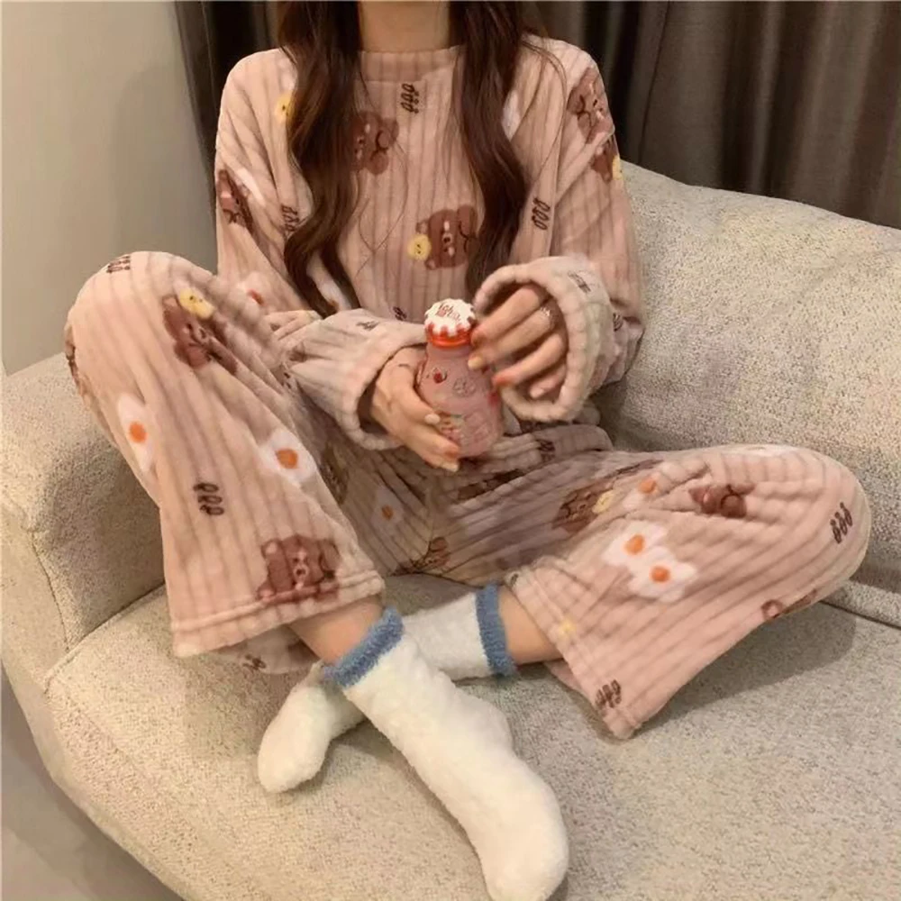 Autumn Winter Warm Flannel Fleecing Women Pyjamas Sets Thick Coral Velvet Long Sleeve Cartoon Sleepwear Thin Flannel Pajamas Set