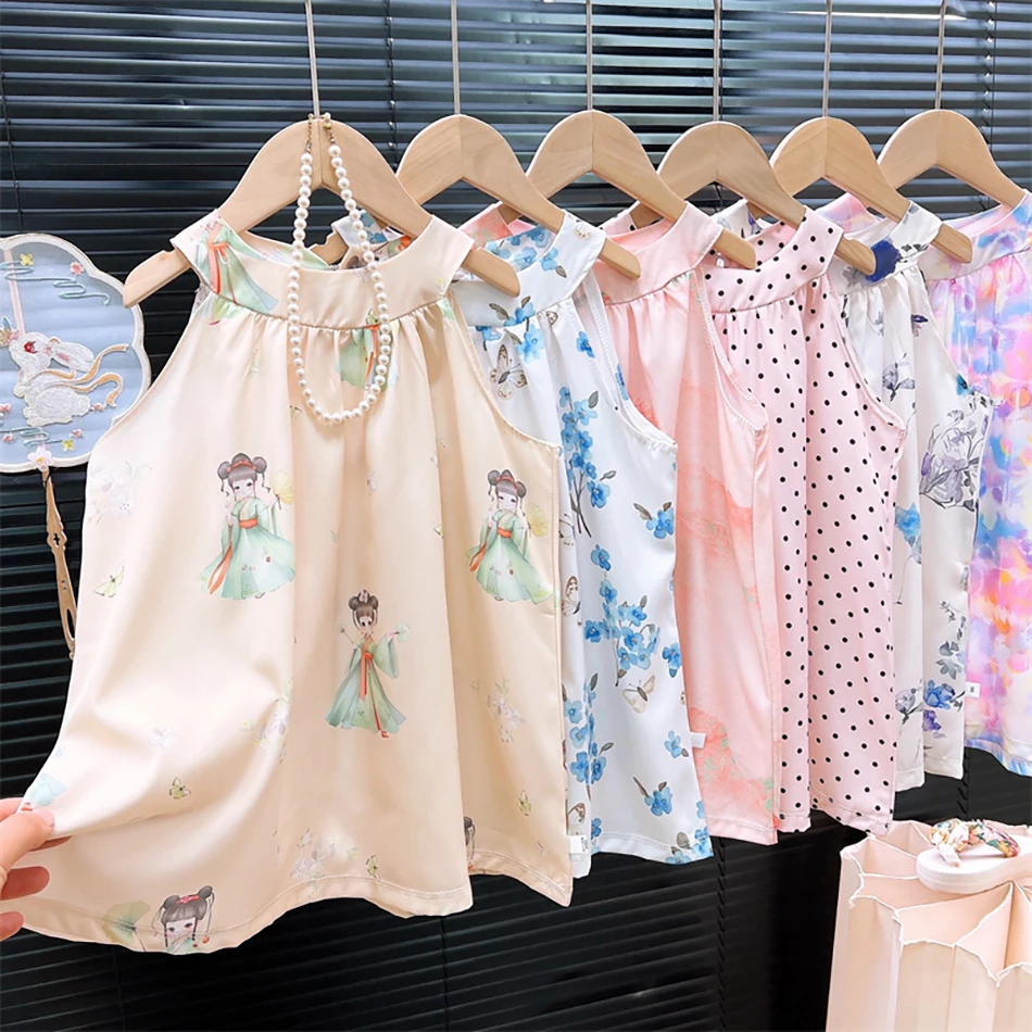 

Summer Dress Girl's Sleeveless Dresses 2025 New Children's Sweet Floral Vest Skirt Kids Cartoon Jacquard O-neck Princess Costume