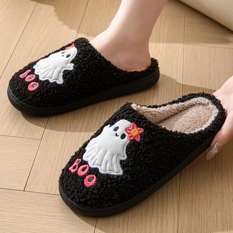 Halloween Cute Ghost Cartoon Slippers Women Indoor Non Slip Home Cotton Shoes Woman Winter Plush Warm Flat Bedroom Slippers