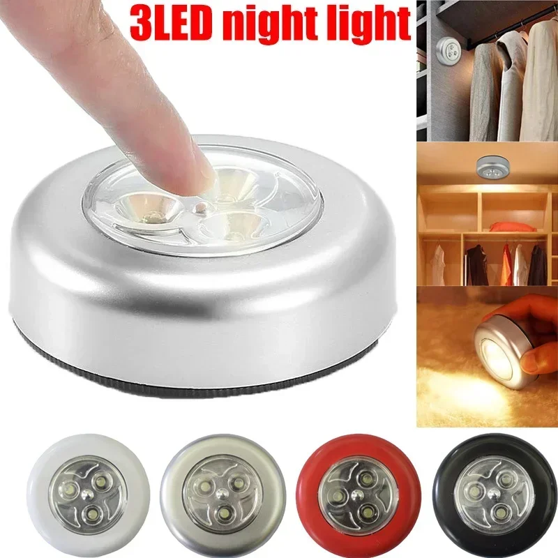 3-led prata armário de parede luz aaa alimentado por bateria sem fio toque seguro cozinha quarto guarda-roupa iluminação luz da noite