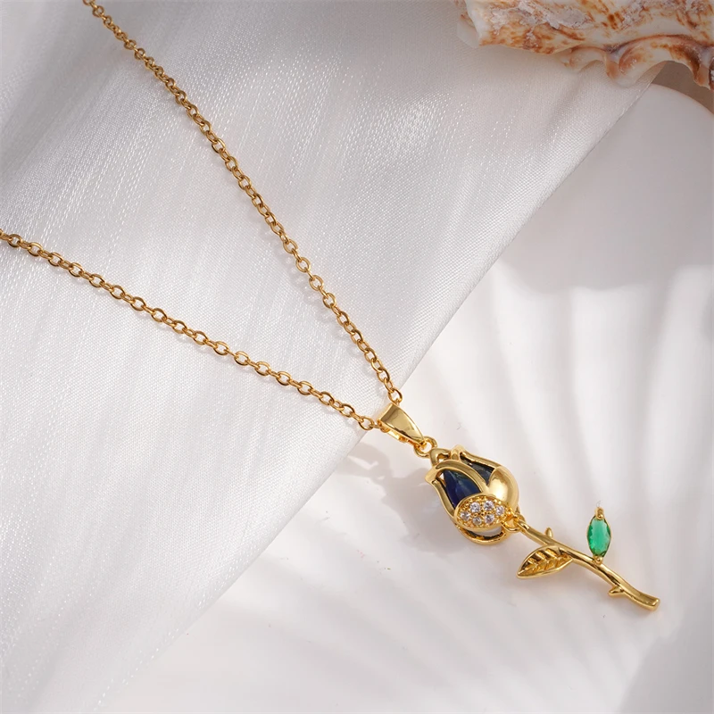 Edle Edelstahl-Tulpenanhänger-Halskette für Damen Elegante Goldfarben-Kette Blumen-Halskette Glücksbringer-Schmuck Geschenk – Detail 7